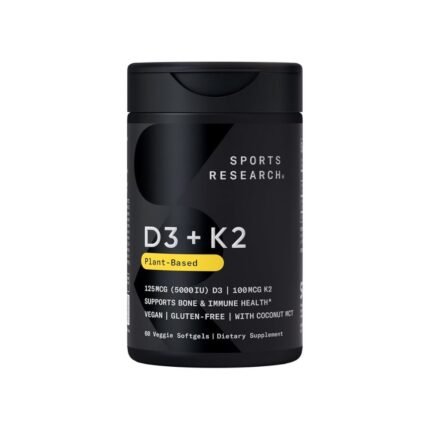 Sports Research Vegan D3 + K2 Softgels - Bone & Immune Support, 5000 IU Vitamin D3, 100 mcg Vitamin K2, 60 Softgels.